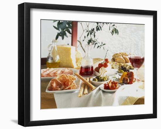 A Table Laid with Antipasti and Red Wine-Ulrike Koeb-Framed Photographic Print