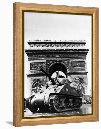 A Tank of the French Armored Division Passes by the Arc De Triomphe-null-Framed Premier Image Canvas