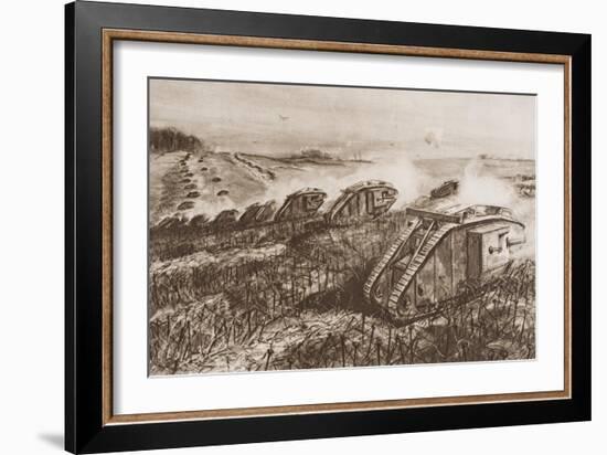 A Tank Offensive at Cambrai, France, Illustration from 'The Outline of History' by H.G. Wells,…-English School-Framed Premium Giclee Print