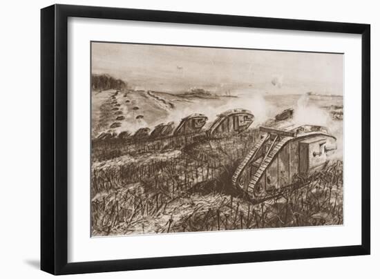 A Tank Offensive at Cambrai, France, Illustration from 'The Outline of History' by H.G. Wells,…-English School-Framed Premium Giclee Print