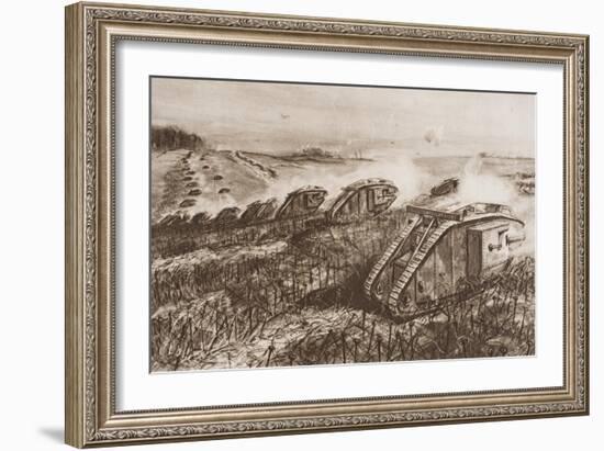 A Tank Offensive at Cambrai, France, Illustration from 'The Outline of History' by H.G. Wells,…-English School-Framed Giclee Print