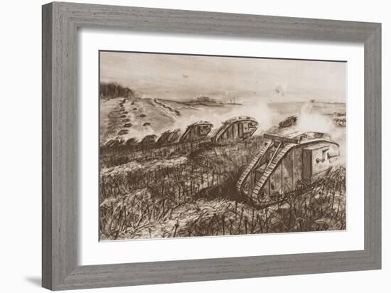 A Tank Offensive at Cambrai, France, Illustration from 'The Outline of History' by H.G. Wells,…-English School-Framed Giclee Print