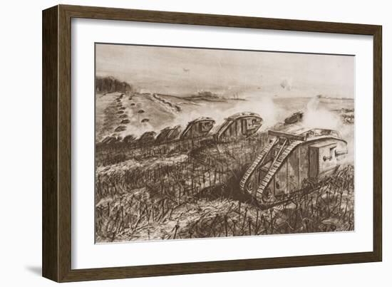 A Tank Offensive at Cambrai, France, Illustration from 'The Outline of History' by H.G. Wells,…-English School-Framed Giclee Print