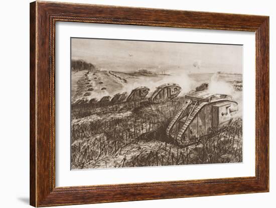 A Tank Offensive at Cambrai, France, Illustration from 'The Outline of History' by H.G. Wells,…-English School-Framed Giclee Print