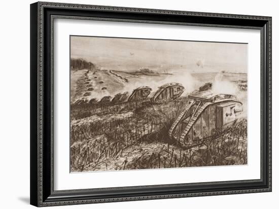 A Tank Offensive at Cambrai, France, Illustration from 'The Outline of History' by H.G. Wells,…-English School-Framed Giclee Print