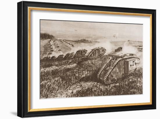 A Tank Offensive at Cambrai, France, Illustration from 'The Outline of History' by H.G. Wells,…-English School-Framed Giclee Print