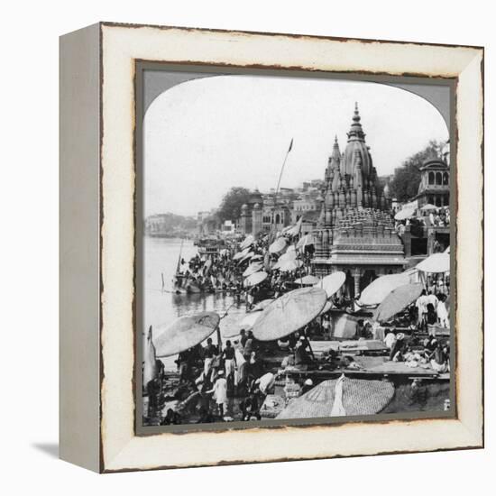 A Temple and Ghats on the Ganges at Benares (Varanas), India, 1900s-null-Framed Premier Image Canvas