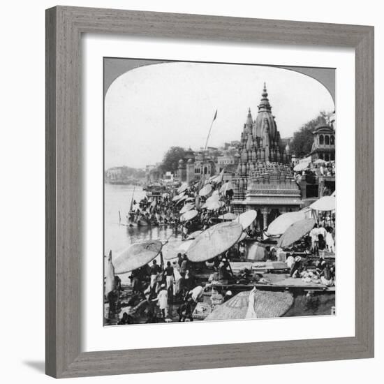 A Temple and Ghats on the Ganges at Benares (Varanas), India, 1900s-null-Framed Giclee Print