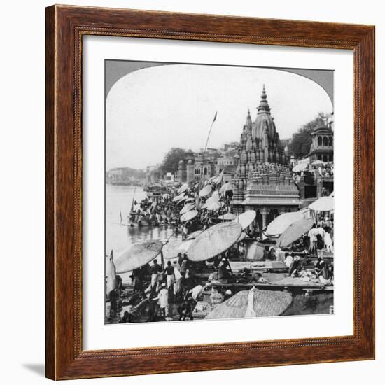 A Temple and Ghats on the Ganges at Benares (Varanas), India, 1900s-null-Framed Giclee Print