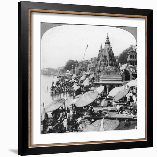 A Temple and Ghats on the Ganges at Benares (Varanas), India, 1900s-null-Framed Giclee Print