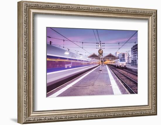 A TGV high speed train leaves the train station in Tours, Indre et Loire, Centre, France, Europe-Julian Elliott-Framed Photographic Print