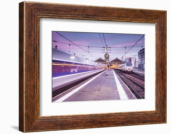 A TGV high speed train leaves the train station in Tours, Indre et Loire, Centre, France, Europe-Julian Elliott-Framed Photographic Print