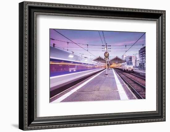 A TGV high speed train leaves the train station in Tours, Indre et Loire, Centre, France, Europe-Julian Elliott-Framed Photographic Print