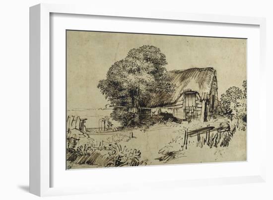 A Thatched Cottage by a Large Tree, a Figure Seated Outside, C.1648-52-Rembrandt van Rijn-Framed Giclee Print