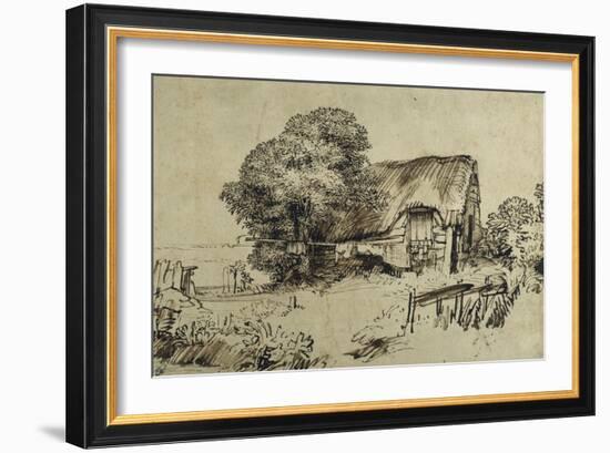 A Thatched Cottage by a Large Tree, a Figure Seated Outside, C.1648-52-Rembrandt van Rijn-Framed Giclee Print