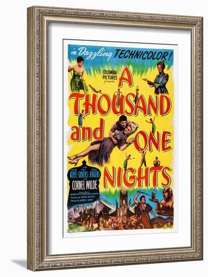 A Thousand and One Nights, Center: Cornel Wilde, Adele Jergens, Top Right: Phil Silvers, 1945-null-Framed Art Print