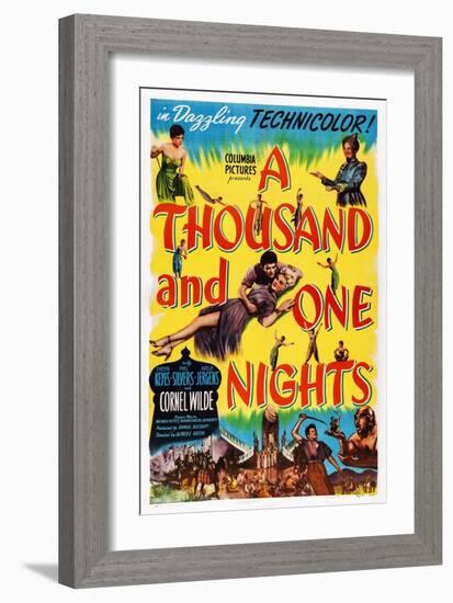 A Thousand and One Nights, Center: Cornel Wilde, Adele Jergens, Top Right: Phil Silvers, 1945-null-Framed Art Print