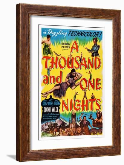 A Thousand and One Nights, Center: Cornel Wilde, Adele Jergens, Top Right: Phil Silvers, 1945-null-Framed Art Print