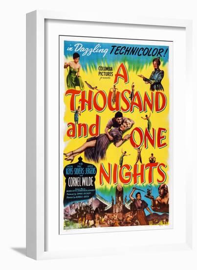 A Thousand and One Nights, Center: Cornel Wilde, Adele Jergens, Top Right: Phil Silvers, 1945-null-Framed Art Print