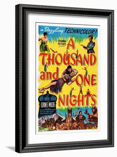 A Thousand and One Nights, Center: Cornel Wilde, Adele Jergens, Top Right: Phil Silvers, 1945-null-Framed Art Print