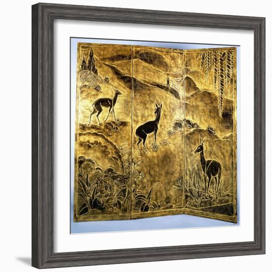 A Three-Fold Lacquer Screen, Depicting Deer in a Landscape of Hills-Jean Dunand-Framed Giclee Print