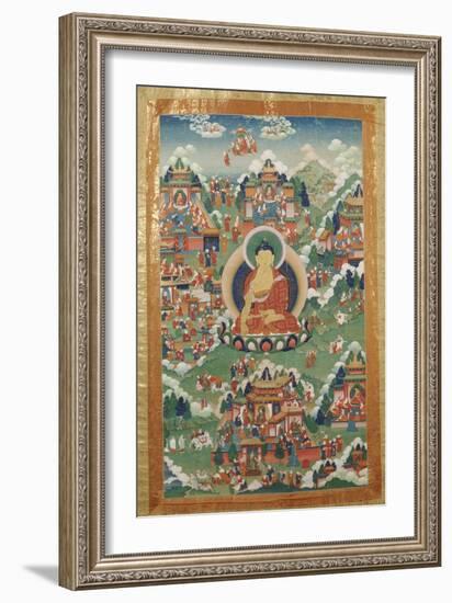 A Tibetan Thang.ka, Buddha Shakyamuni Surrounded by Many Scenes from His Previous Lives, 18th C-null-Framed Giclee Print