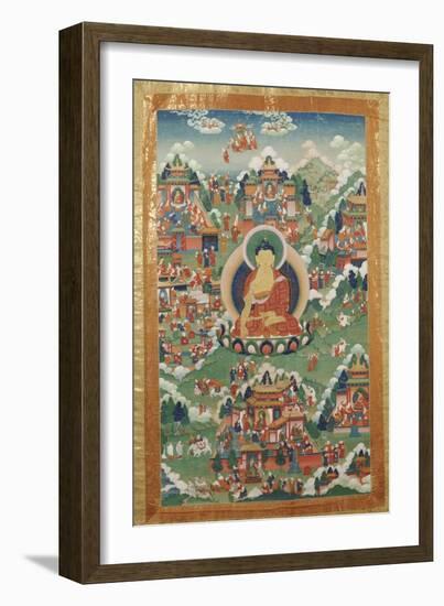 A Tibetan Thang.ka, Buddha Shakyamuni Surrounded by Many Scenes from His Previous Lives, 18th C-null-Framed Giclee Print