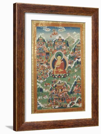 A Tibetan Thang.ka, Buddha Shakyamuni Surrounded by Many Scenes from His Previous Lives, 18th C-null-Framed Giclee Print