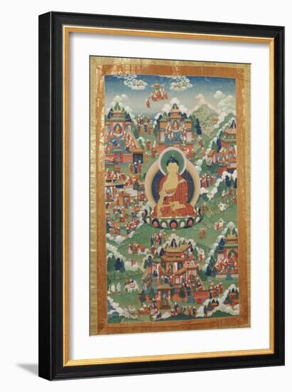 A Tibetan Thang.ka, Buddha Shakyamuni Surrounded by Many Scenes from His Previous Lives, 18th C-null-Framed Giclee Print