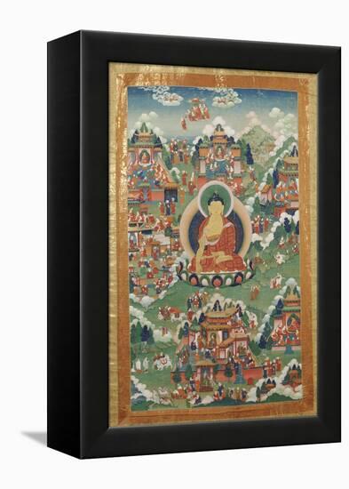 A Tibetan Thang.ka, Buddha Shakyamuni Surrounded by Many Scenes from His Previous Lives, 18th C-null-Framed Premier Image Canvas