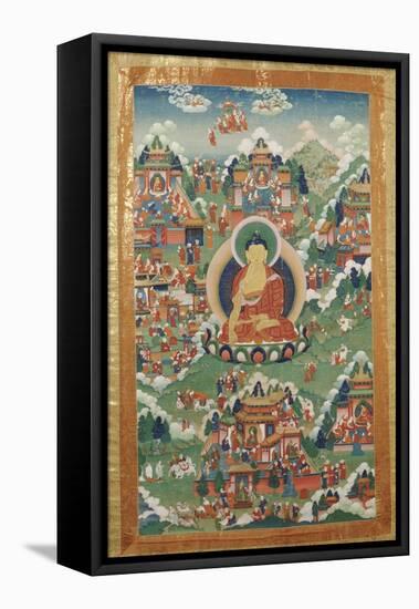 A Tibetan Thang.ka, Buddha Shakyamuni Surrounded by Many Scenes from His Previous Lives, 18th C-null-Framed Premier Image Canvas