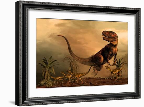 A Torvosaurus on the Prowl While a Group of Ornitholestes Flee a Hasty Retreat-null-Framed Premium Giclee Print