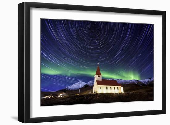 A Traditional Icelandic Church Is Framed By The Stunning Aurora Borealis-Joe Azure-Framed Photographic Print