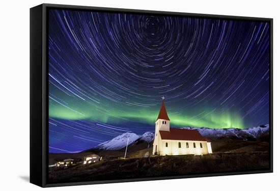 A Traditional Icelandic Church Is Framed By The Stunning Aurora Borealis-Joe Azure-Framed Stretched Canvas