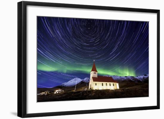 A Traditional Icelandic Church Is Framed By The Stunning Aurora Borealis-Joe Azure-Framed Photographic Print