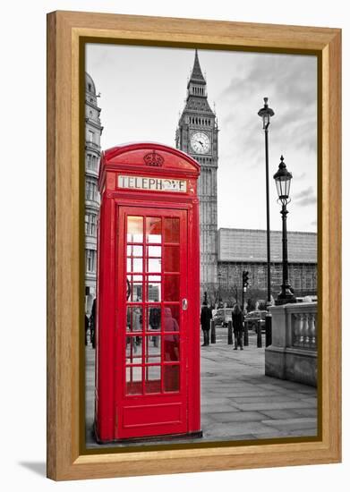 A Traditional Red Phone Booth In London With The Big Ben In A Black And White Background-Kamira-Framed Premier Image Canvas