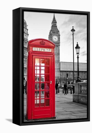 A Traditional Red Phone Booth In London With The Big Ben In A Black And White Background-Kamira-Framed Premier Image Canvas