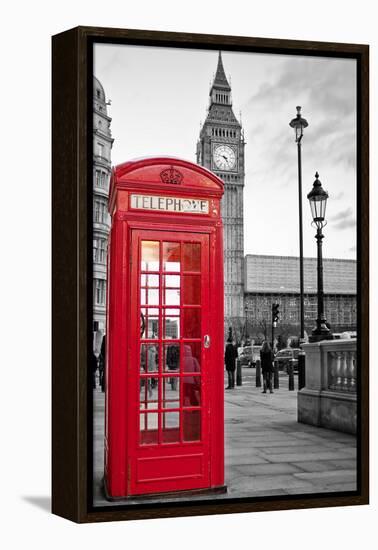 A Traditional Red Phone Booth In London With The Big Ben In A Black And White Background-Kamira-Framed Premier Image Canvas