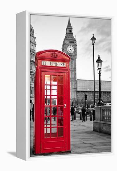 A Traditional Red Phone Booth In London With The Big Ben In A Black And White Background-Kamira-Framed Premier Image Canvas