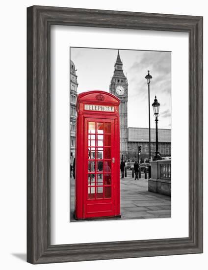 A Traditional Red Phone Booth In London With The Big Ben In A Black And White Background-Kamira-Framed Premium Photographic Print