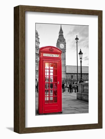 A Traditional Red Phone Booth In London With The Big Ben In A Black And White Background-Kamira-Framed Premium Photographic Print