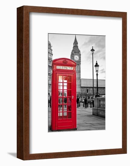 A Traditional Red Phone Booth In London With The Big Ben In A Black And White Background-Kamira-Framed Premium Photographic Print