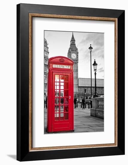 A Traditional Red Phone Booth In London With The Big Ben In A Black And White Background-Kamira-Framed Premium Photographic Print