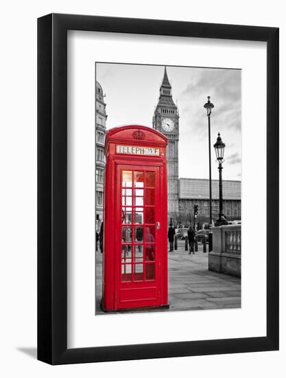 A Traditional Red Phone Booth In London With The Big Ben In A Black And White Background-Kamira-Framed Premium Photographic Print