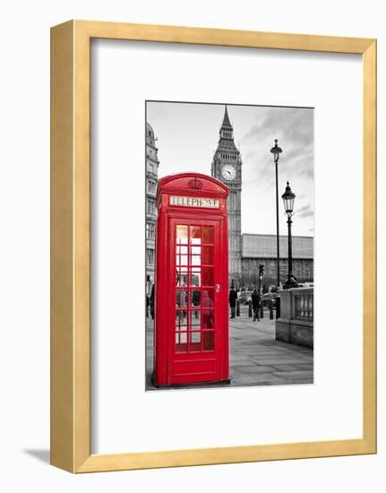 A Traditional Red Phone Booth In London With The Big Ben In A Black And White Background-Kamira-Framed Premium Photographic Print