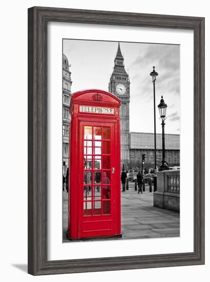 A Traditional Red Phone Booth In London With The Big Ben In A Black And White Background-Kamira-Framed Photographic Print