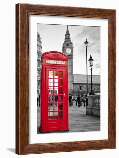 A Traditional Red Phone Booth In London With The Big Ben In A Black And White Background-Kamira-Framed Photographic Print