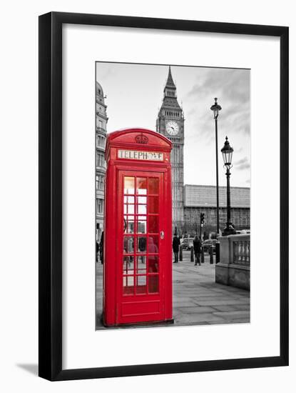 A Traditional Red Phone Booth In London With The Big Ben In A Black And White Background-Kamira-Framed Photographic Print