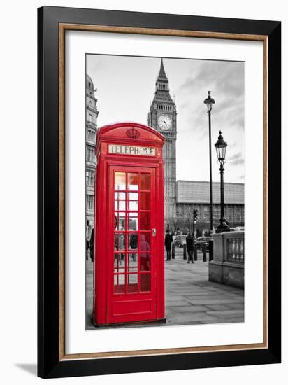 A Traditional Red Phone Booth In London With The Big Ben In A Black And White Background-Kamira-Framed Photographic Print