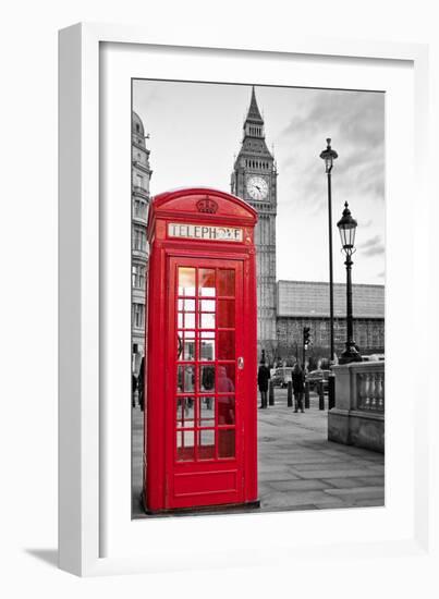 A Traditional Red Phone Booth In London With The Big Ben In A Black And White Background-Kamira-Framed Photographic Print